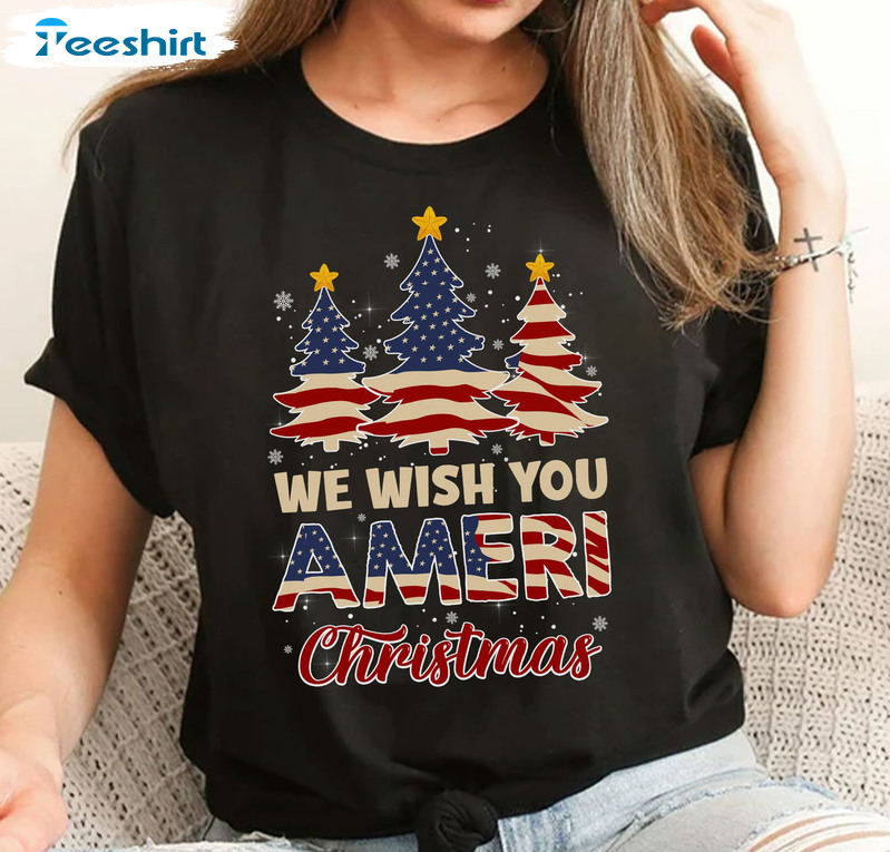 We Wish You Ameri Christmas Shirt, American Flag Short Sleeve Crewneck