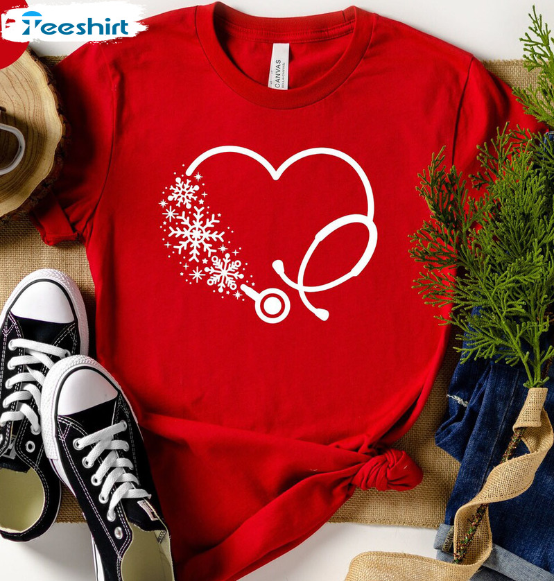 Winter Snowflake Stethoscope Shirt, Christmas Tee Tops Short Sleeve