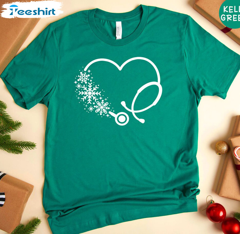 Winter Snowflake Stethoscope Shirt, Christmas Tee Tops Short Sleeve