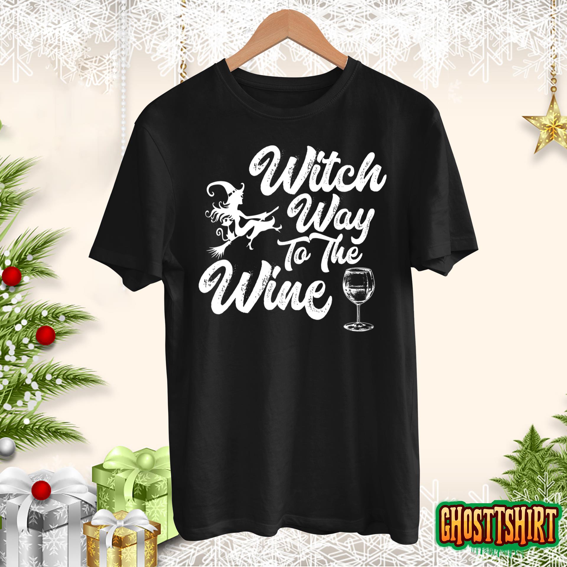 Witch Way to The Wine Funny Halloween Wine Lovers Witch Pun T-Shirt