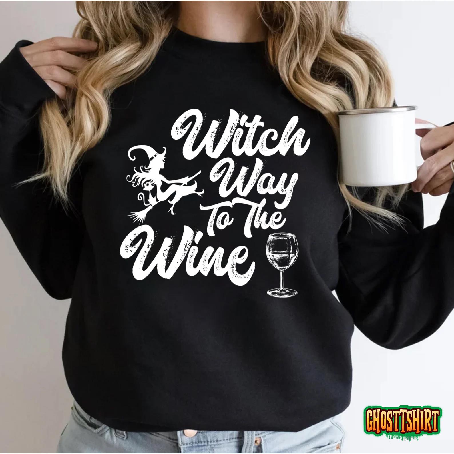 Witch Way to The Wine Funny Halloween Wine Lovers Witch Pun T-Shirt