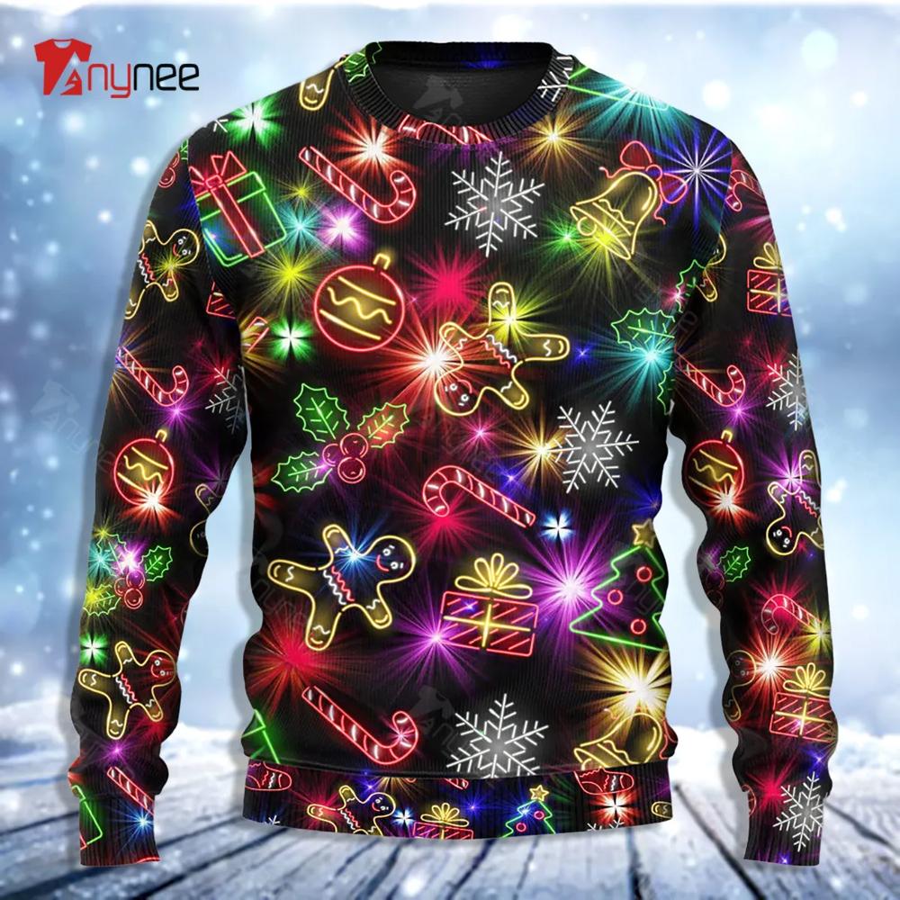 With Tree And Gift Cookies Gingerbread Man Neon Style New Ugly Christmas Sweater- Best Christmas Gifts 2023