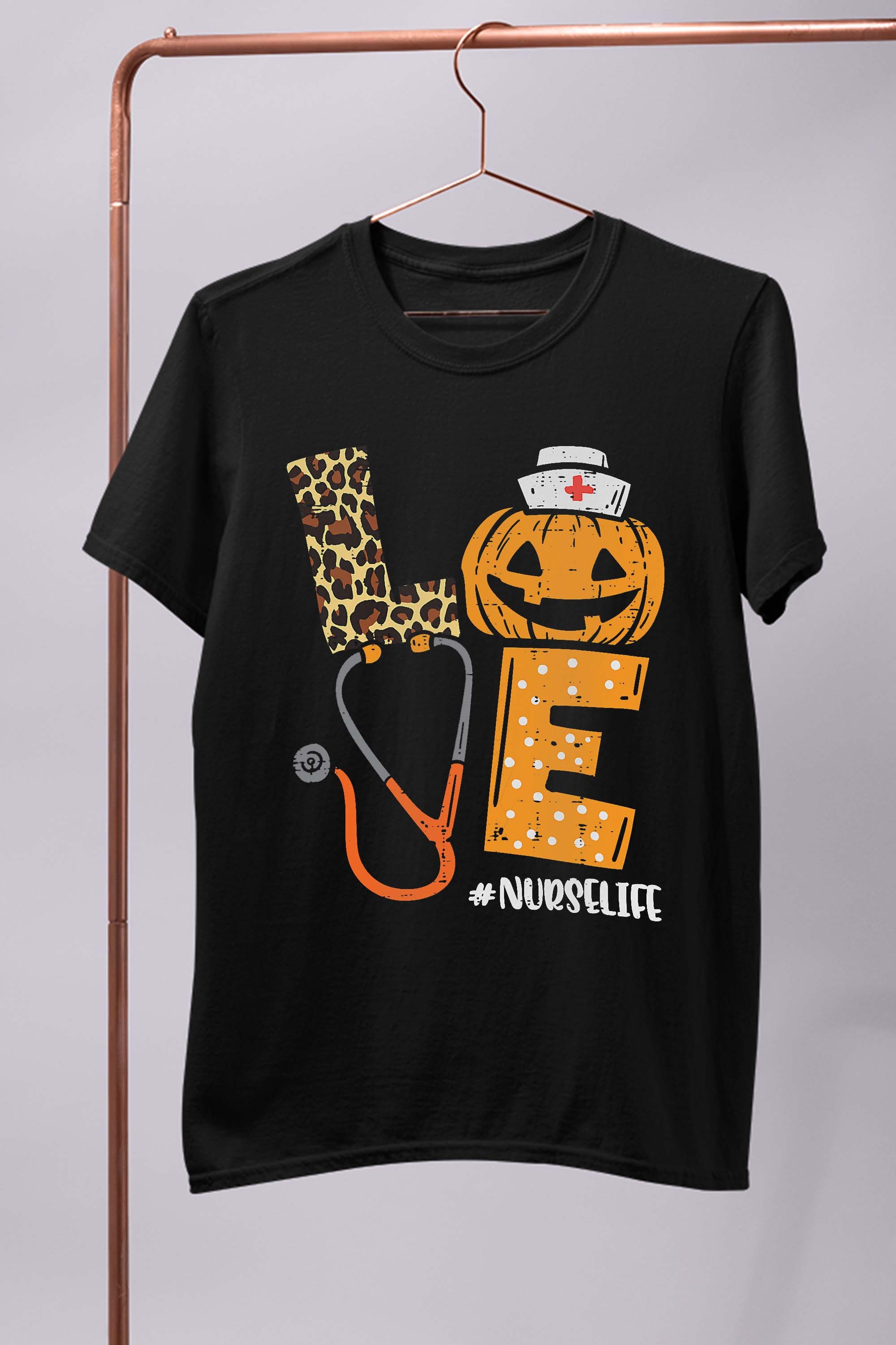 Womens Love Nurse Pumpkin Leopard Fall Halloween Thanksgiving Women T-Shirt