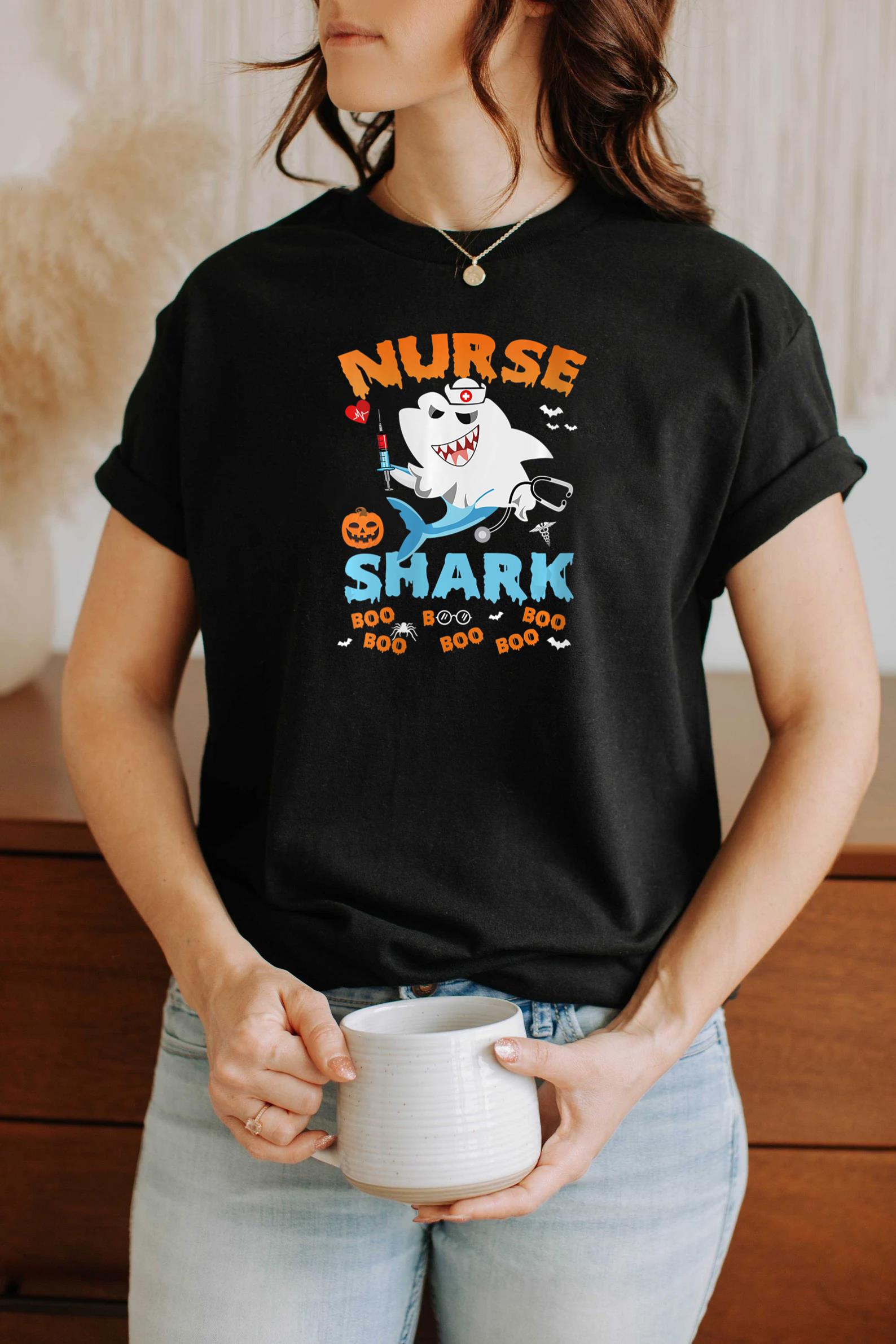 Womens Nurse Shark Boo Boo Boo Pumpkin Halloween Witch Creepy Party T-Shirt