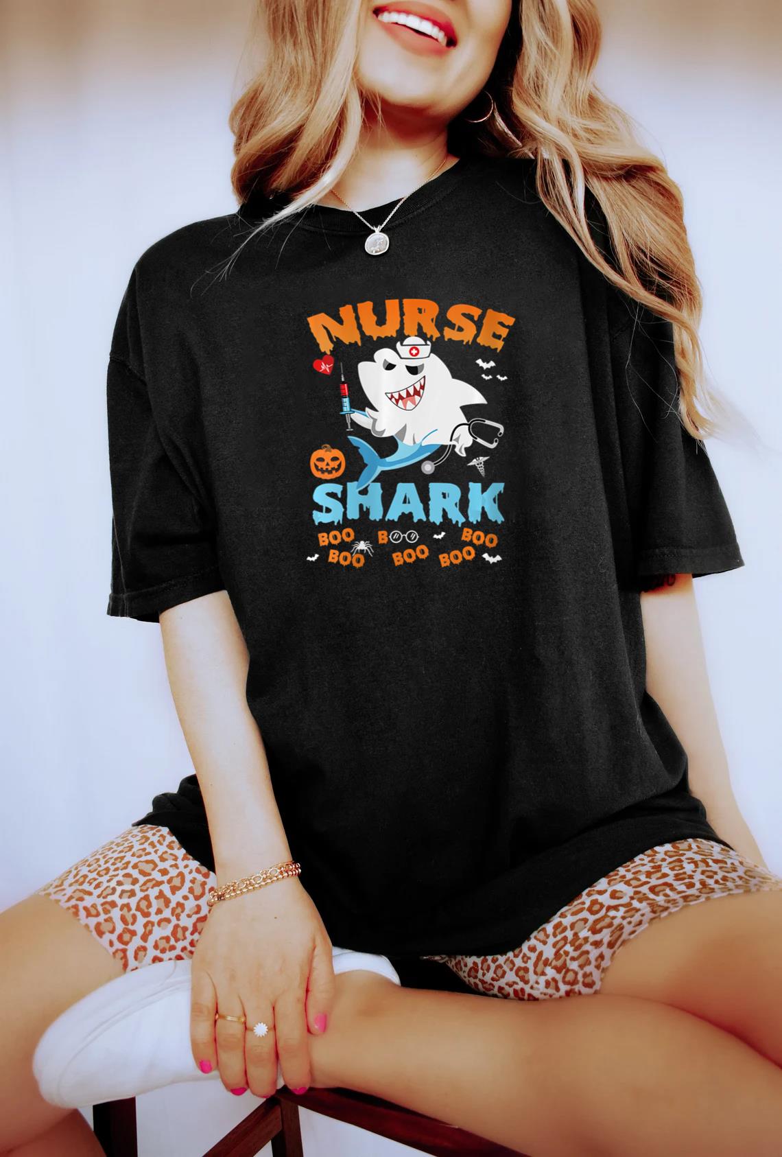 Womens Nurse Shark Boo Boo Boo Pumpkin Halloween Witch Creepy Party V-Neck T-Shirt