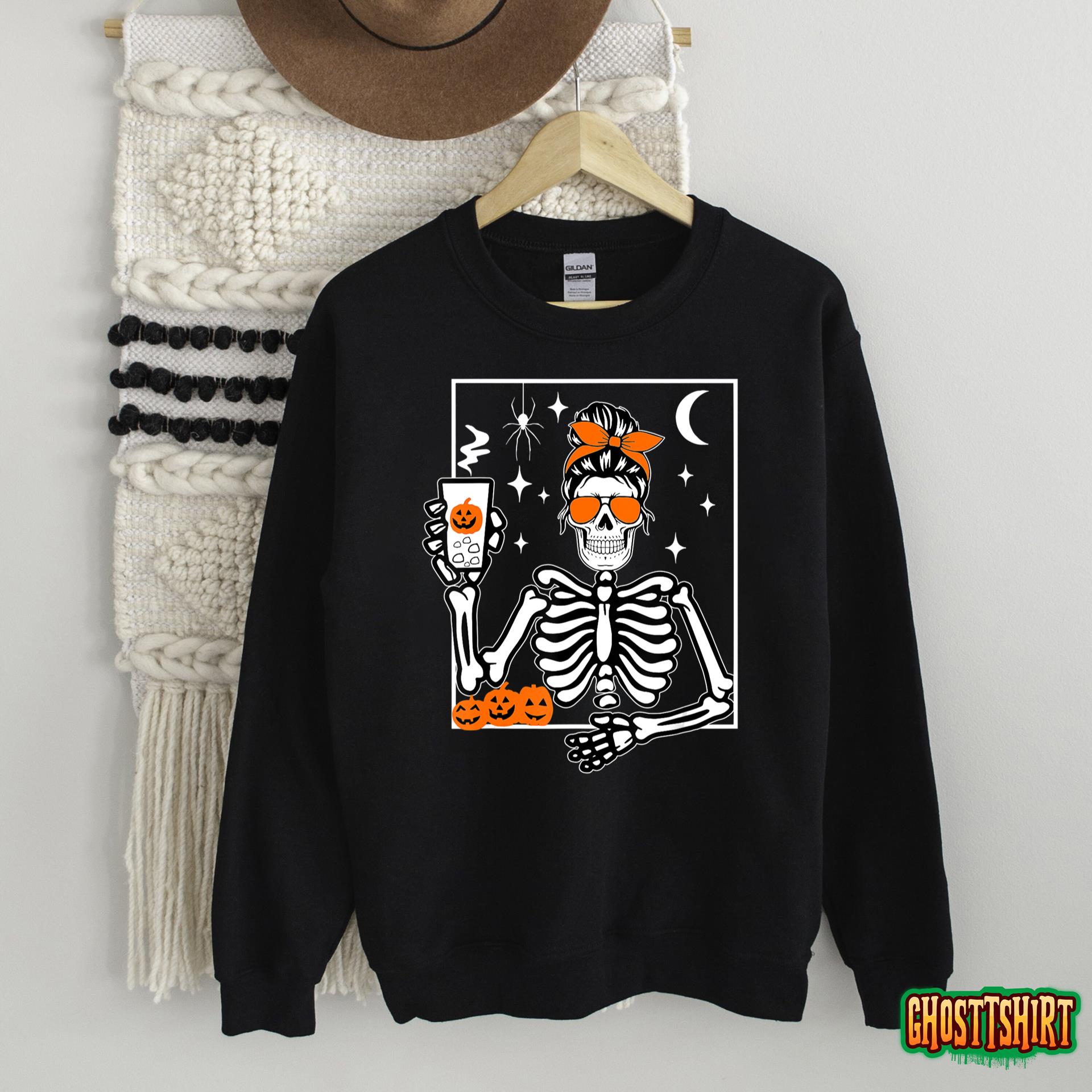 Womens Skeleton Drink Coffee Lazy Halloween Costume T-Shirt