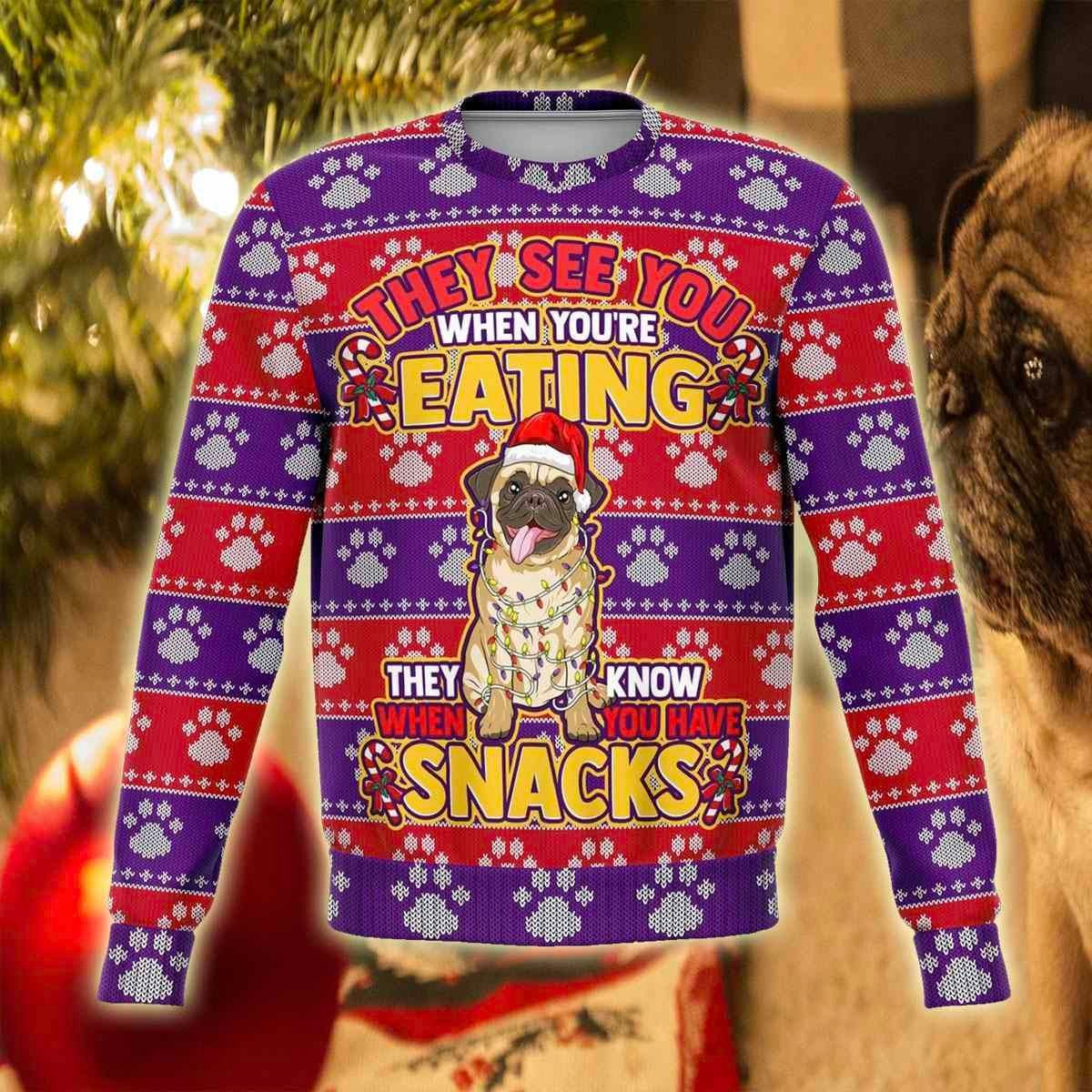 Adorable Pug Snacks Christmas Ugly Sweater- Best Christmas Gifts 2023