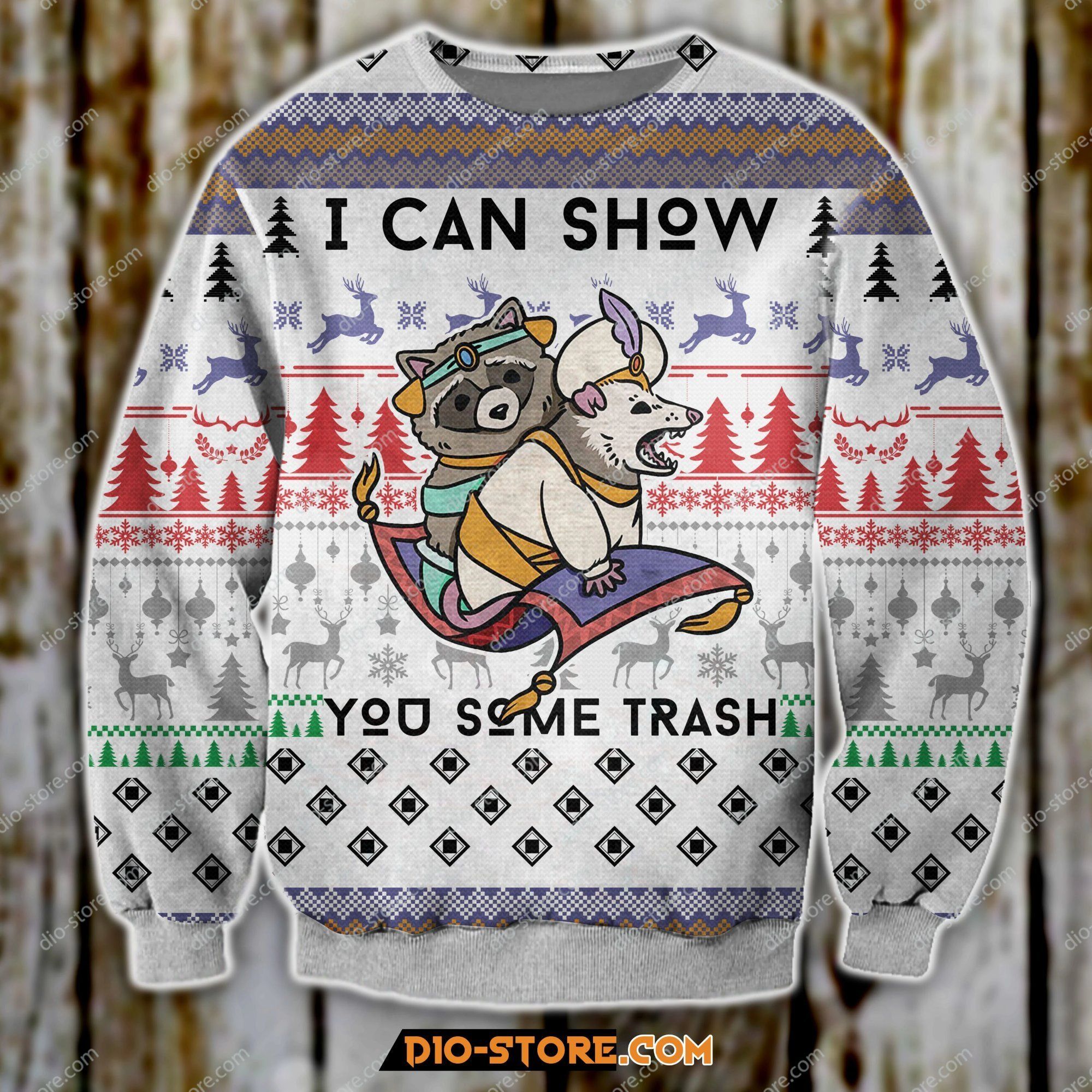 Aladdin Raccon I Can Show You Some Trash Christmas Tree Pattern Reindeer Christmas Ugly Sweater- Best Christmas Gifts 2023