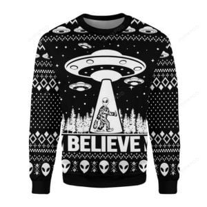 Alien UFO Believe Bigfoot Christmas Ugly Sweater- Best Christmas Gifts 2023