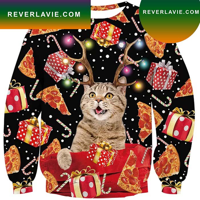 Antlers Cat Pizza Ugly Christmas Sweater- Best Christmas Gifts 2023