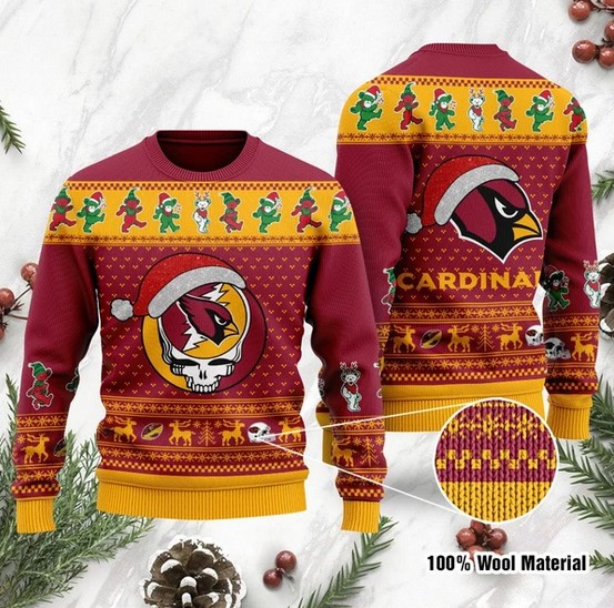 Arizona Cardinals Grateful Dead SKull And Bears Custom Name NFL Football Christmas Ugly Sweater- Best Christmas Gifts 2023