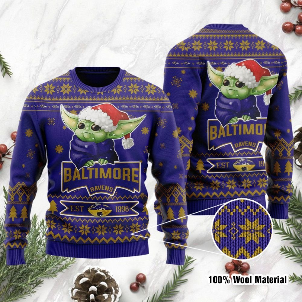 Baby Yoda Baltimore Ravens EST 1966 Christmas Ugly Sweater- Best Christmas Gifts 2023