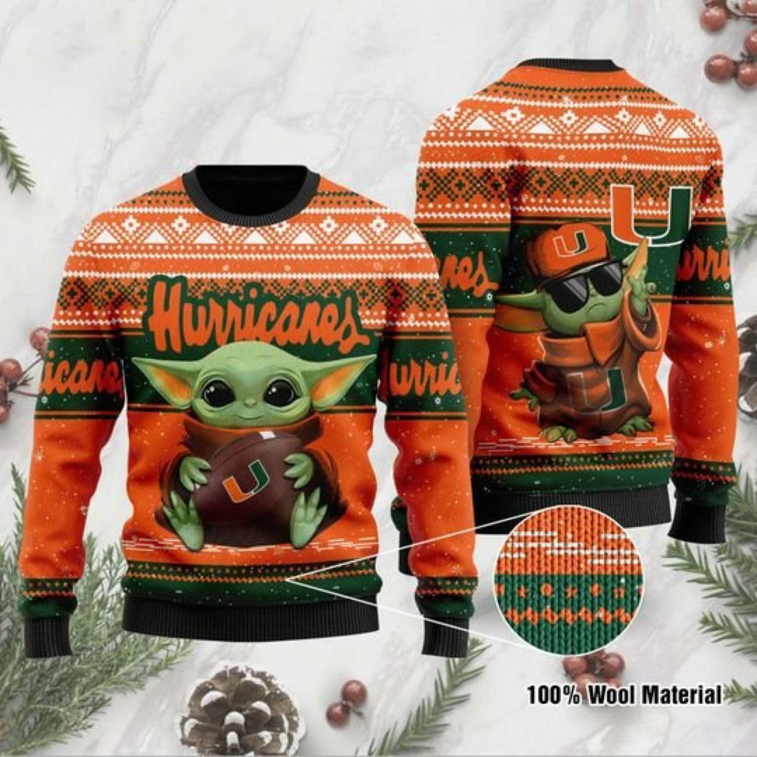 Baby Yoda Miami Hurricanes Football Christmas Ugly Sweater- Best Christmas Gifts 2023