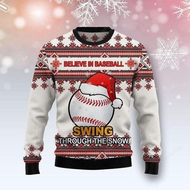 Believe In Baseball Swing Through The Snow Christmas Ugly Sweater- Best Christmas Gifts 2023