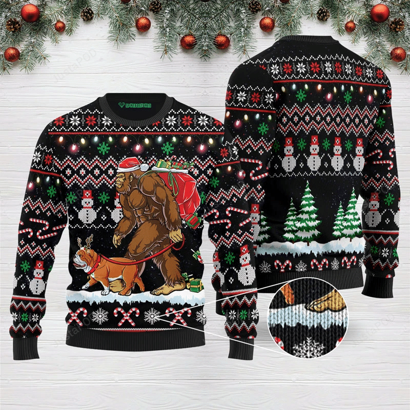 Bigfoot Santa And English Bulldog Christmas Ugly Sweater- Best Christmas Gifts 2023