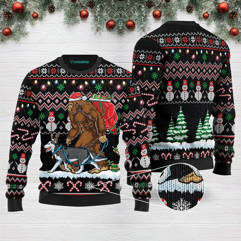 Bigfoot Santa And Husky Dog Christmas Ugly Sweater- Best Christmas Gifts 2023