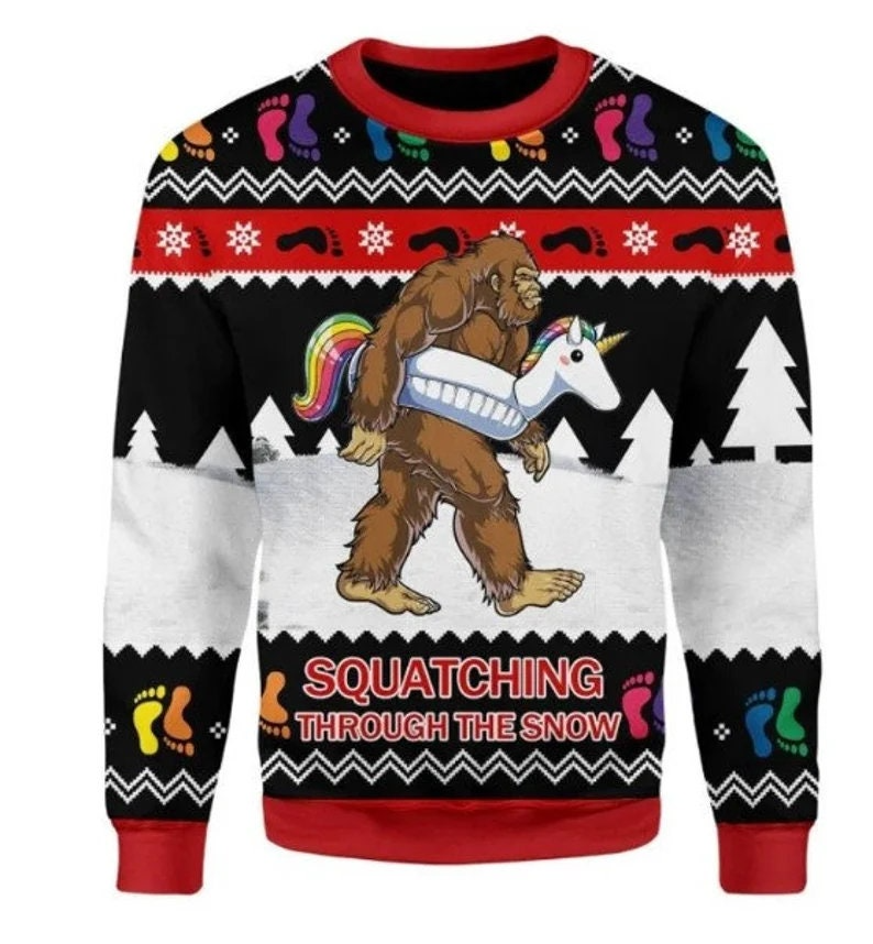 BigFoot Squatching Through The Snow Ugly Christmas Sweater