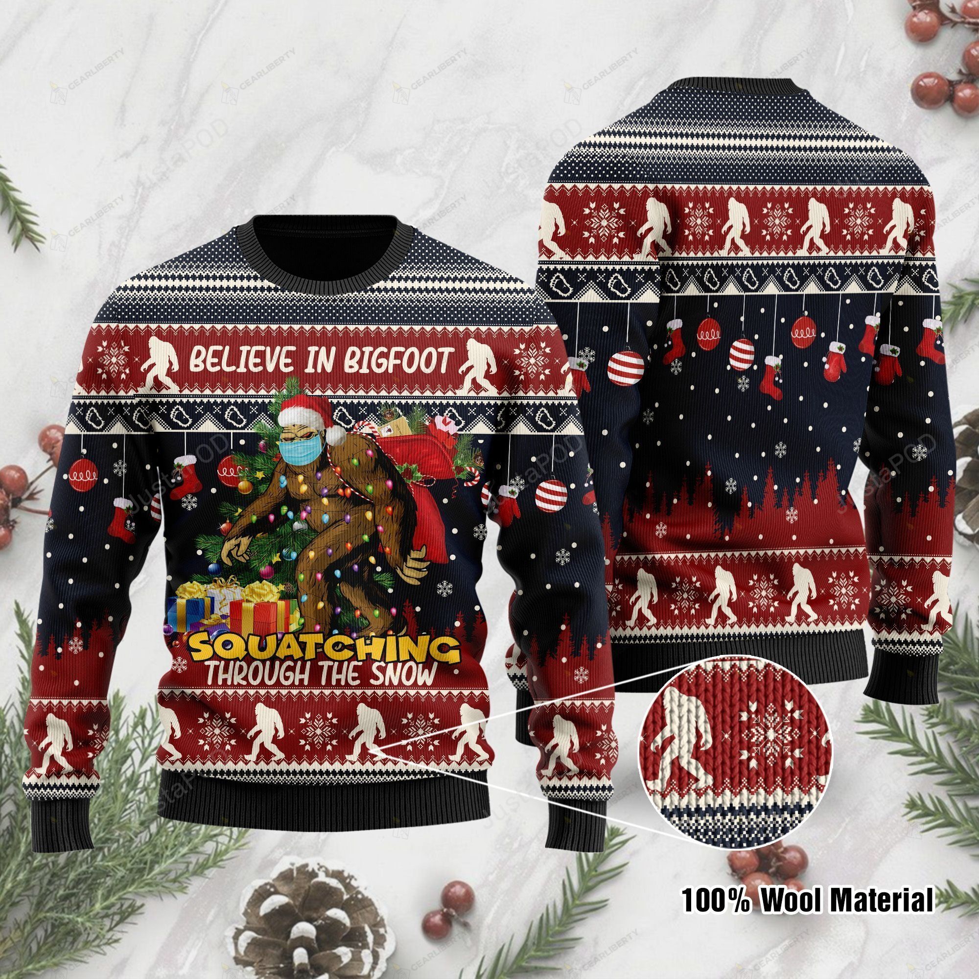 Bilieve In Bigfoot Squatching Through The Snow Christmas Ugly Sweater- Best Christmas Gifts 2023