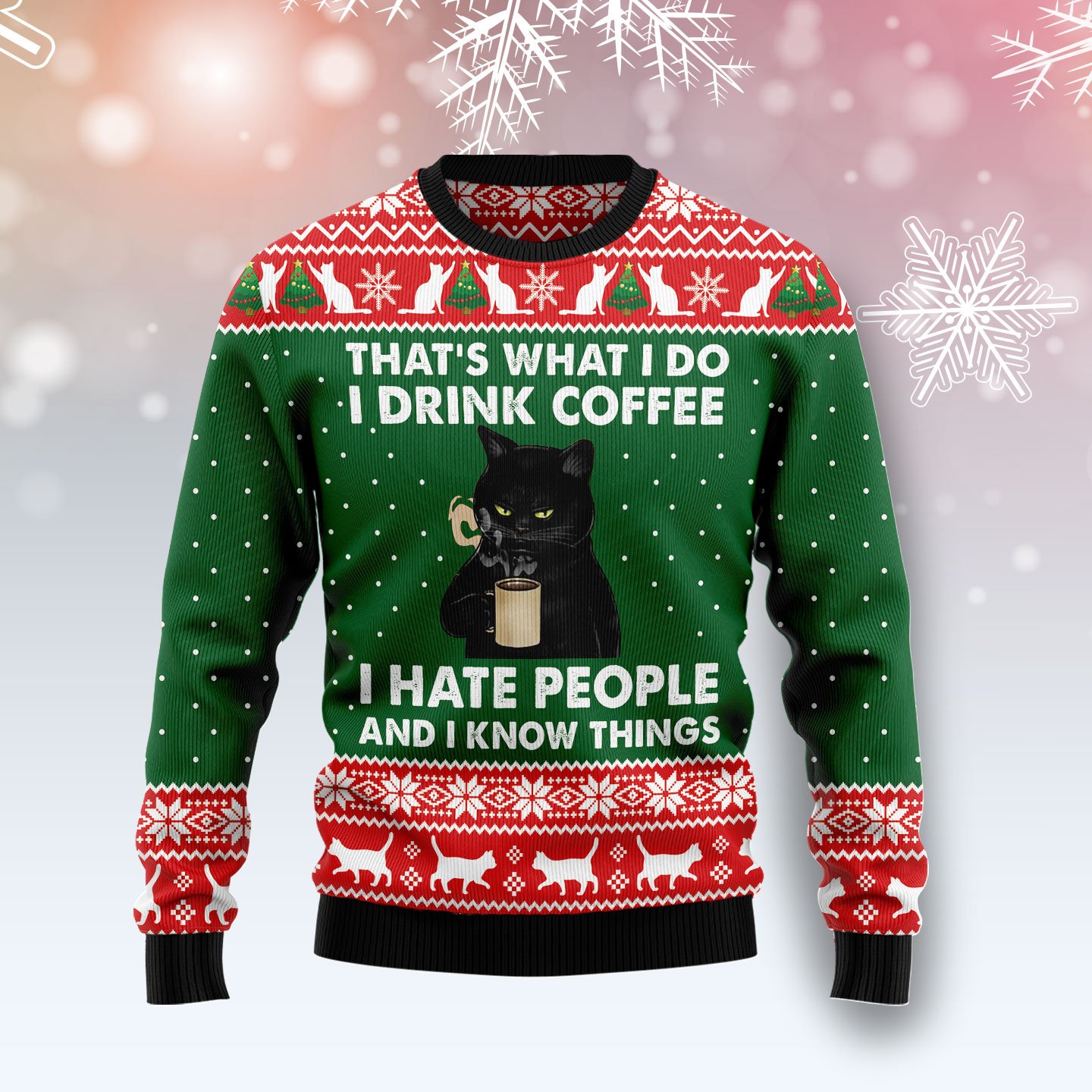 Black Cat Drink Coffee Christmas Ugly Sweater- Best Christmas Gifts 2023