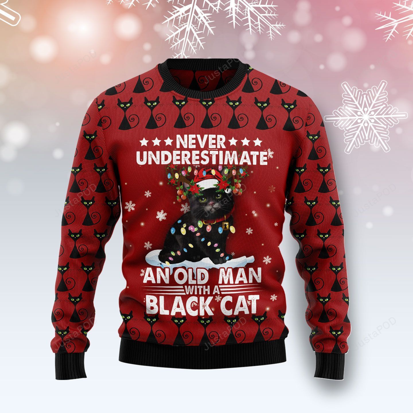 Black Cat Old Man Christmas Ugly Sweater- Best Christmas Gifts 2023