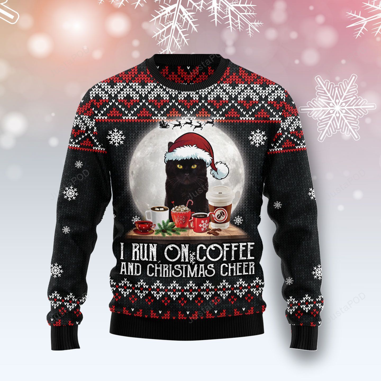 Black Cat Santa I Run On Coffee Christmas Ugly Sweater- Best Christmas Gifts 2023