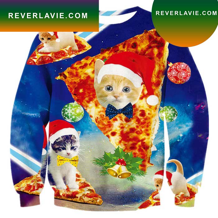 Blue Pizza Cat Ugly Christmas Sweater- Best Christmas Gifts 2023