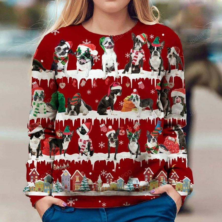 Boston Terrier Dog Snow Christmas Ugly Sweater- Best Christmas Gifts 2023