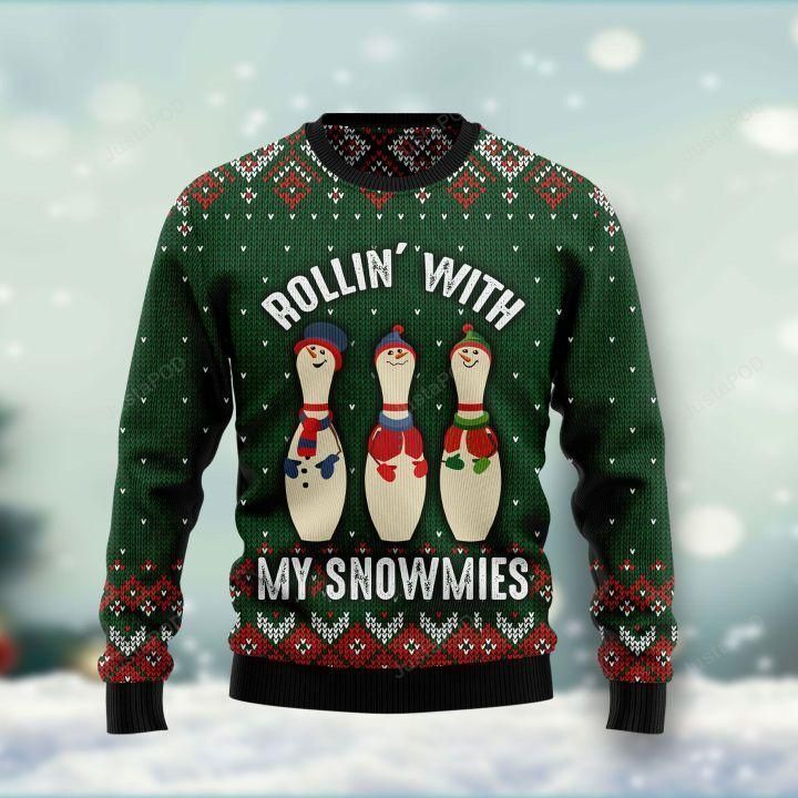 Bowling Rollin’ With My Snowmies Gifts Christmas Ugly Sweater- Best Christmas Gifts 2023