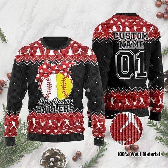 Busy Raising Ballers Softball And Baseball Christmas Ugly Sweater- Best Christmas Gifts 2023