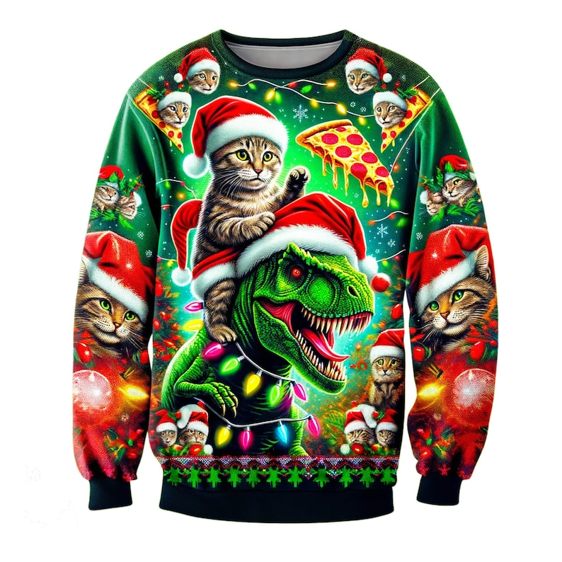 Cat Riding Dinosaur Christmas Ugly Sweater