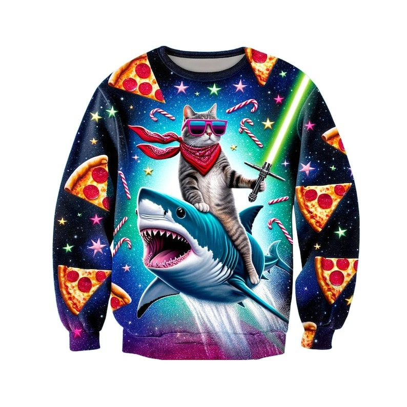 Cat Riding Shark Ugly Christmas Sweater