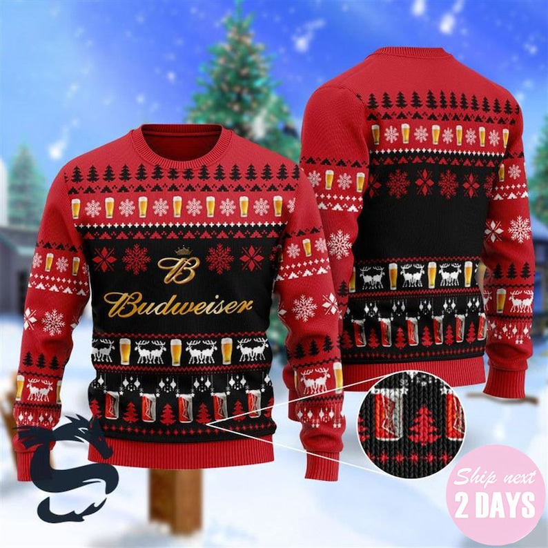 Christmas Scenes With Budweiser Beer Ugly Beer Sweater