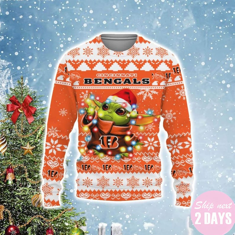 Cincinnati Bengals Baby Yoda Star Wars Christmas Light Ugly Sweater