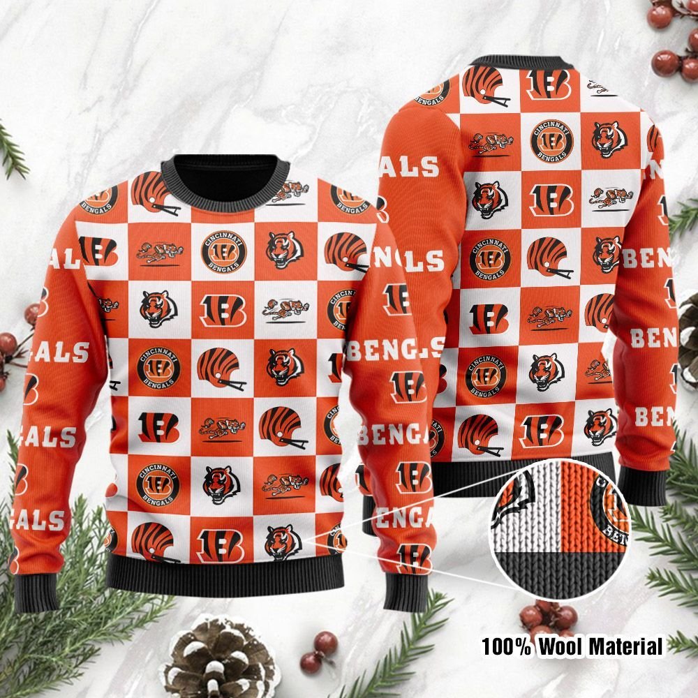 Cincinnati Bengals Logo Checkered Flannel Christmas Ugly Sweater- Best Christmas Gifts 2023