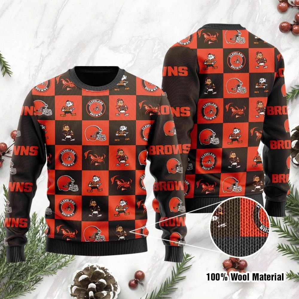 Cleveland Browns Logo Checkered Flannel Design Christmas Ugly Sweater- Best Christmas Gifts 2023