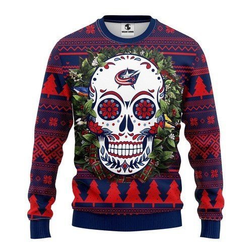 Columbus Blue Jackets Skull Flower Christmas Ugly Sweater- Best Christmas Gifts 2023