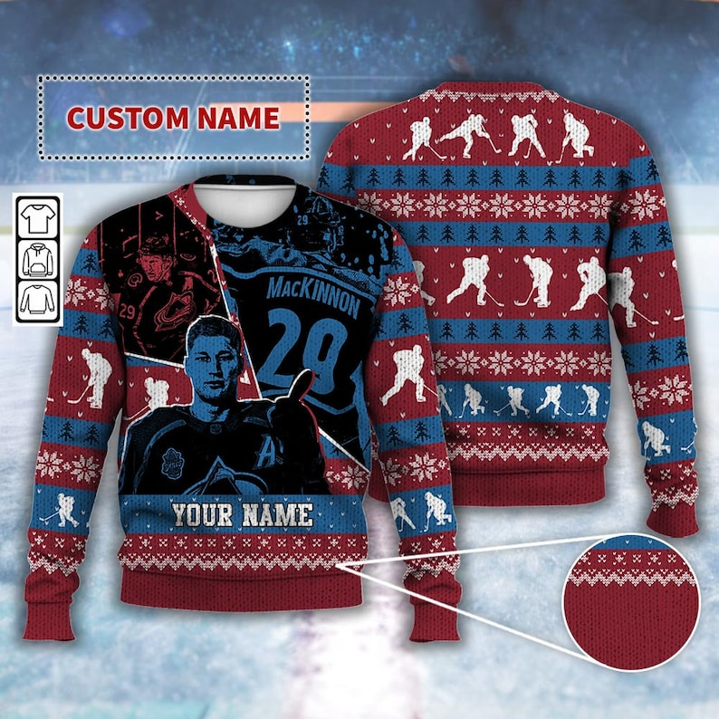 Custom Name Colorado Nathan Mackinnon Ice Hockey 90s Ugly Christmas 3D Sweater