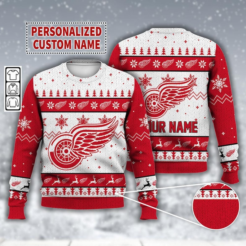 Custom Name Detroit Red Wings Ice Hockey Ugly Christmas Sweater