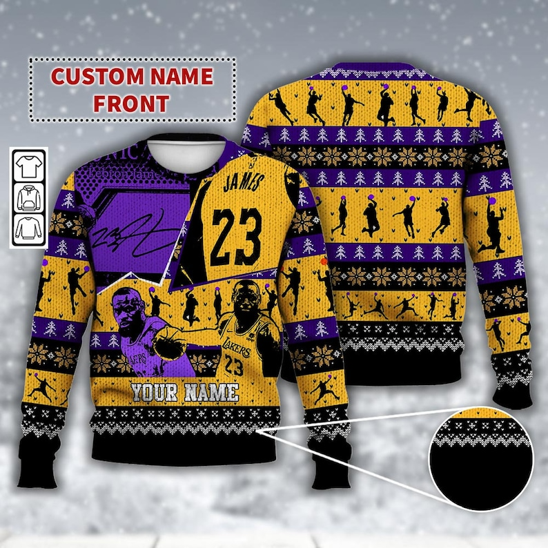 Custom Name LeBron James Los Angeles Basketball Ugly Christmas 3D Sweater