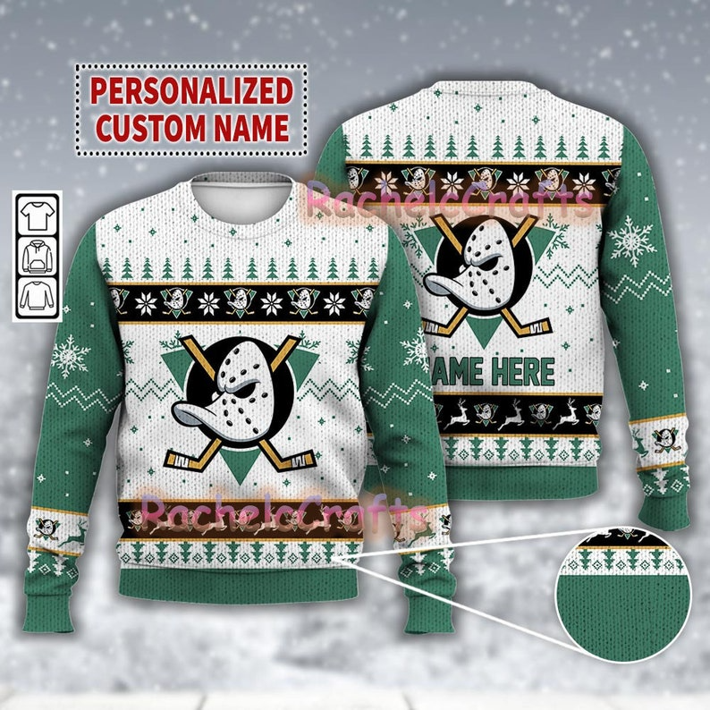 Custom Name Mighty Ducks Ice Hockey Ugly Christmas Sweater