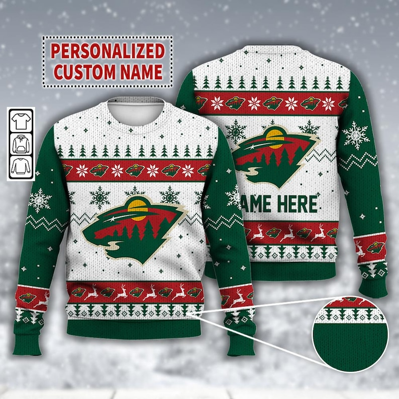 Custom Name Minnesota Wild Ice Hockey Ugly Christmas Sweater