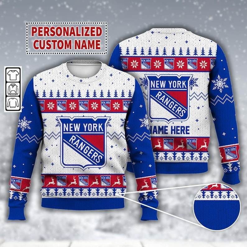 Custom Name New York Rangers Ice Hockey Ugly Christmas Sweater