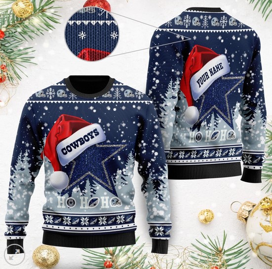 Dallas Cowboys Symbol Wearing Santa Claus Hat Ho Ho Ho Custom Personalized Christmas Ugly Sweater- Best Christmas Gifts 2023