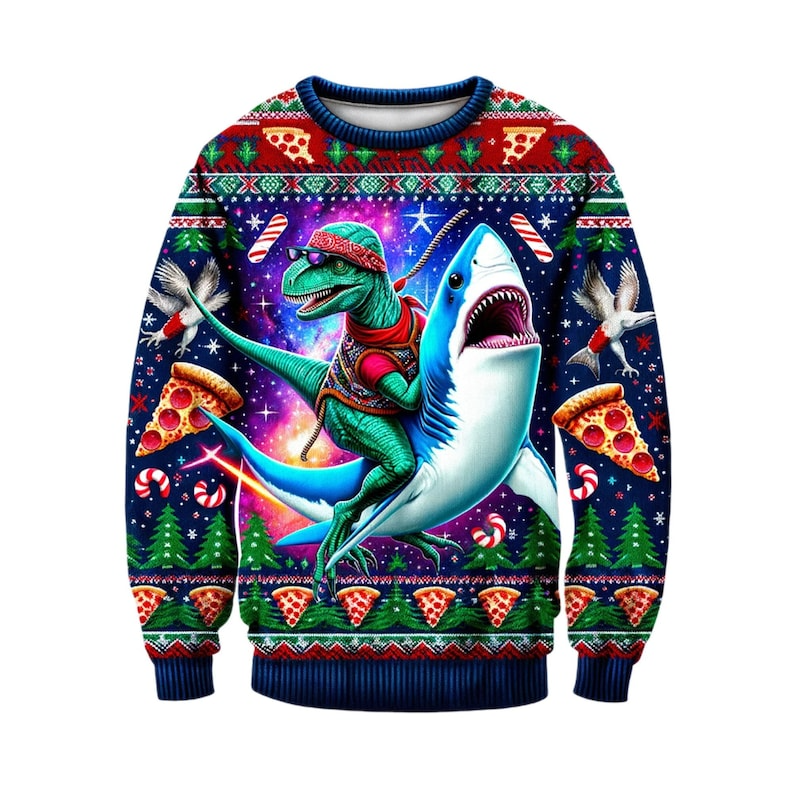 Dinosaur Riding Shark Christmas Ugly Sweater