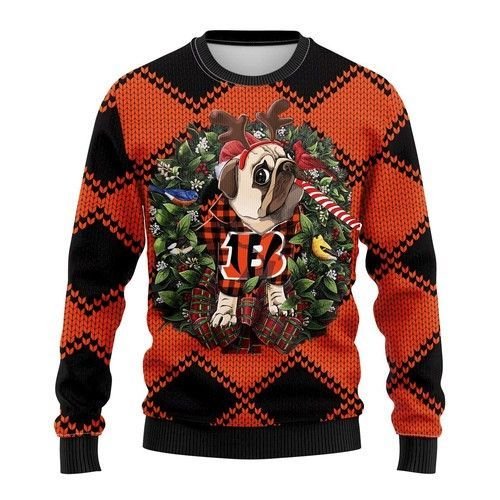 Funny Reindeer Pug Dog Cincinnati Bengals Christmas Ugly Sweater- Best Christmas Gifts 2023