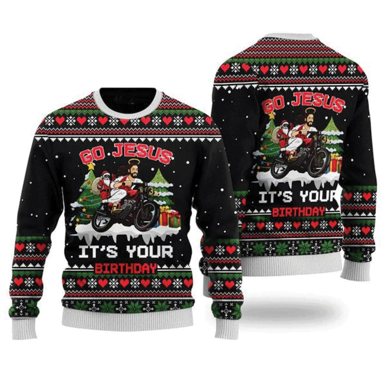 Harley Davidson Go Jesus It’s Your Birthday Ugly Christmas Sweater