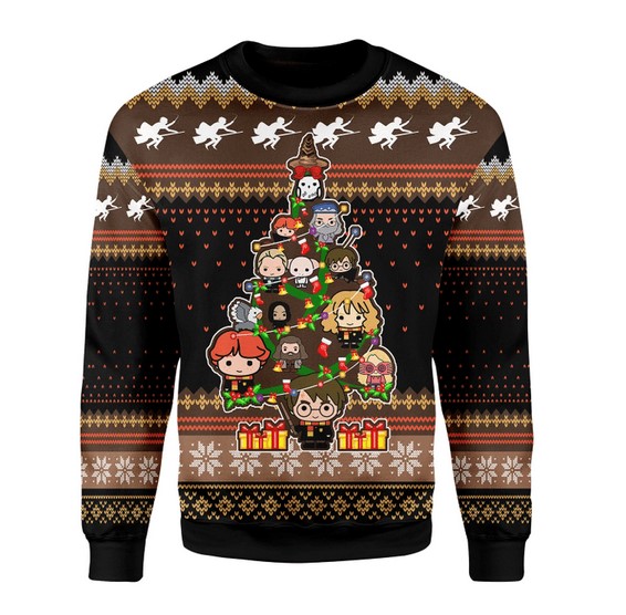 Harry Potter Characters Chibi With Christmas Tree Christmas Ugly Sweater- Best Christmas Gifts 2023