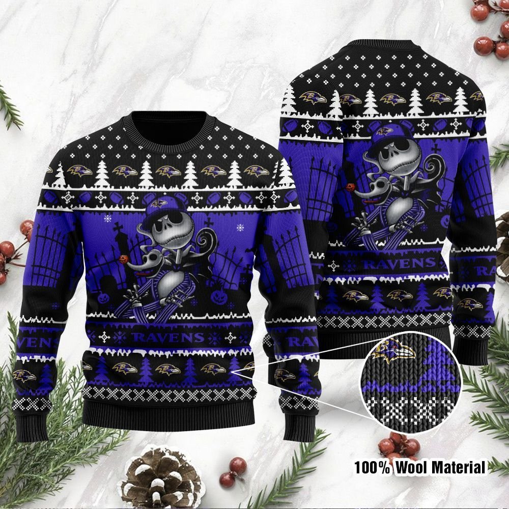 Jack Skellington Baltimore Ravens NFL Christmas Ugly Sweater- Best Christmas Gifts 2023