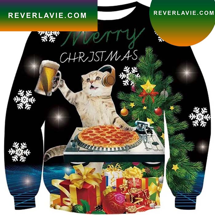 Jing Beer Pizza Cat Ugly Christmas Sweater- Best Christmas Gifts 2023