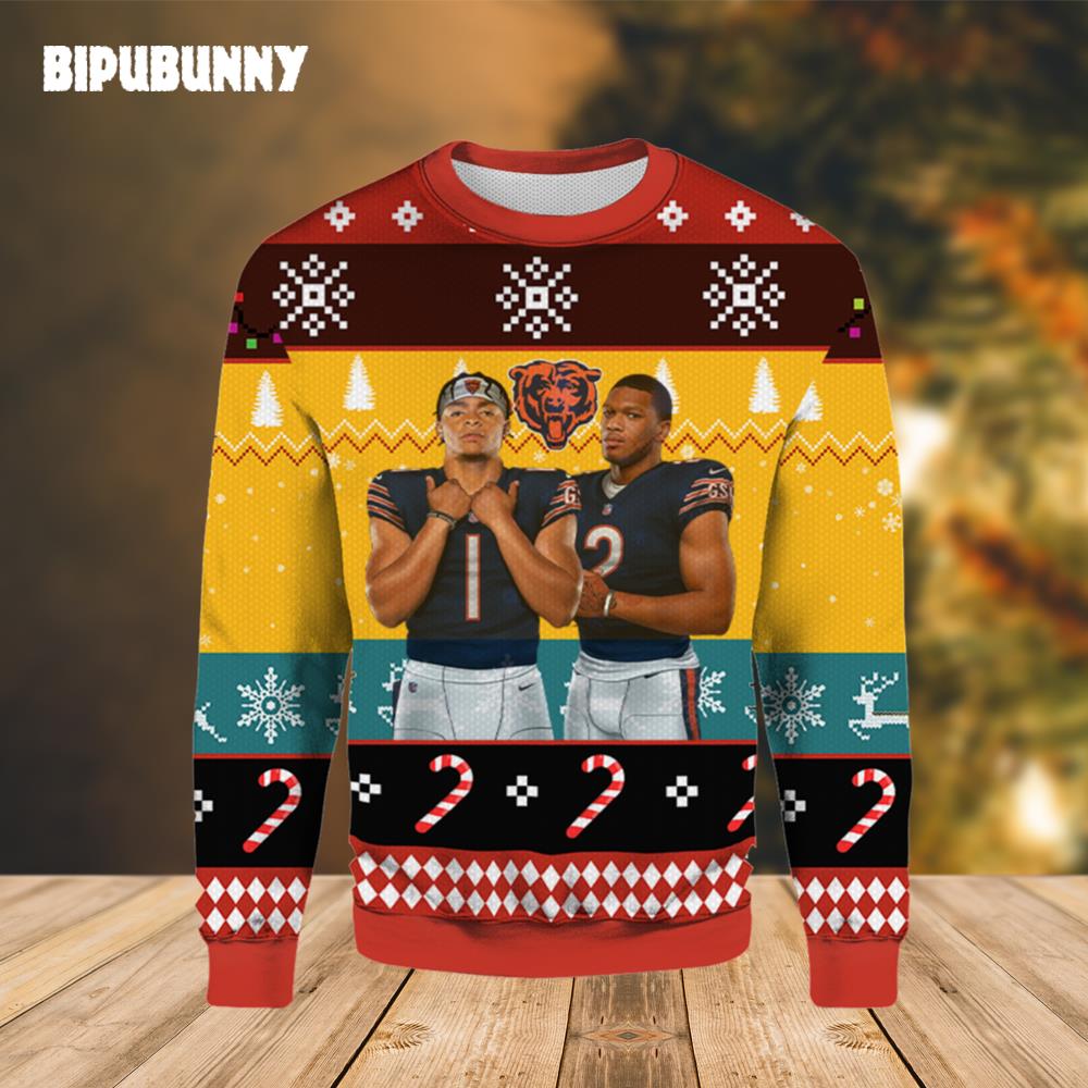 Justin Fields and Dj Moore Chicago Bears Ugly Sweater- Best Christmas Gifts 2023